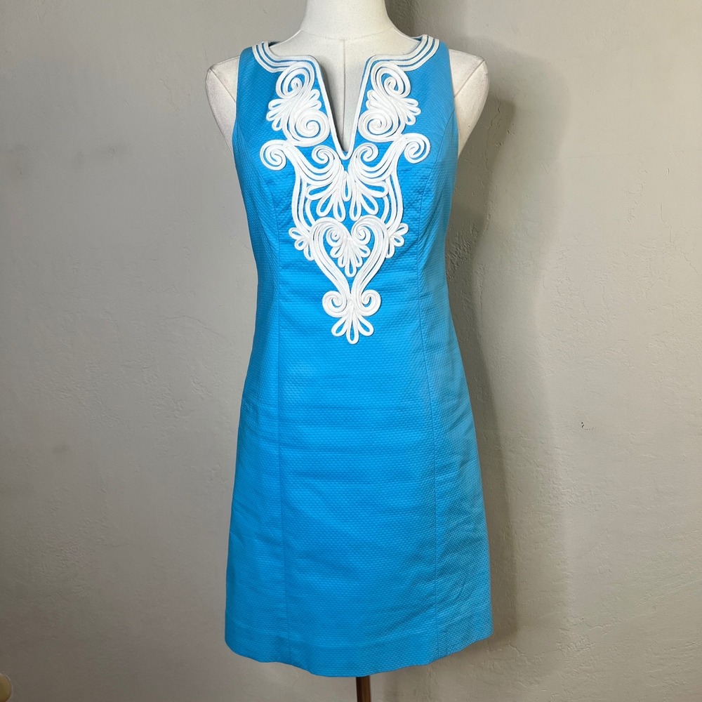 Lilly Pulitzer Dress Gabby Shift Size 00 Bondi Blue Soutache Braid Cotton